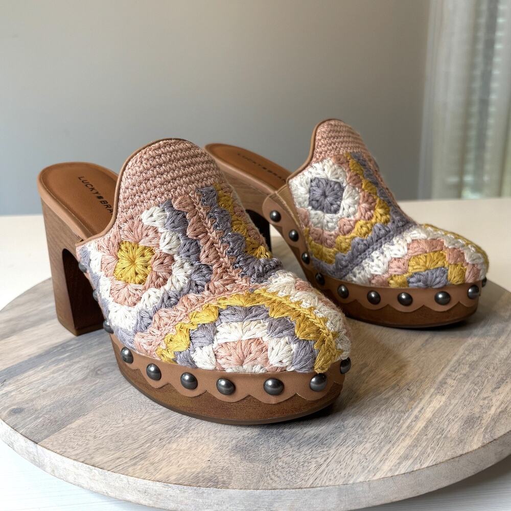 Lucky Brand Immia Crochet Block Heel Clogs Multicolor Boho Retro Studded Size 8